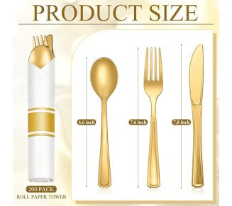 200 Pack Pre Rolled Gold Plastic Silverware Set, Disposable Wrapped Cutlery Set with 200 Napkins, 200 Forks, 200 Knives, 200 Spoons for 200 Guests Wedding Birthday Dinner Party Supplies (Gold)