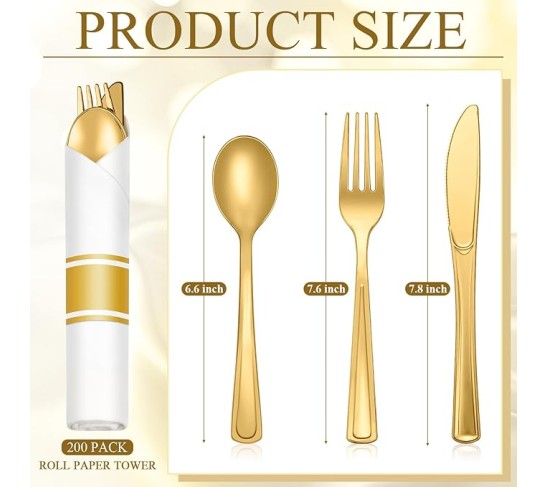 200 Pack Pre Rolled Gold Plastic Silverware Set, Disposable Wrapped Cutlery Set with 200 Napkins, 200 Forks, 200 Knives, 200 Spoons for 200 Guests Wedding Birthday Dinner Party Supplies (Gold)