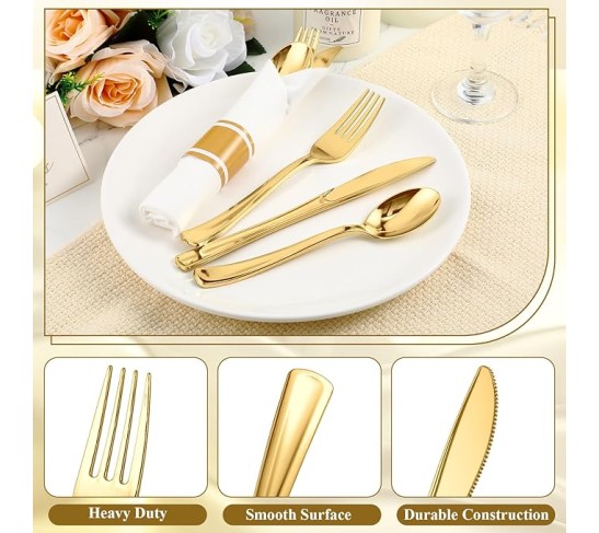 200 Pack Pre Rolled Gold Plastic Silverware Set, Disposable Wrapped Cutlery Set with 200 Napkins, 200 Forks, 200 Knives, 200 Spoons for 200 Guests Wedding Birthday Dinner Party Supplies (Gold)