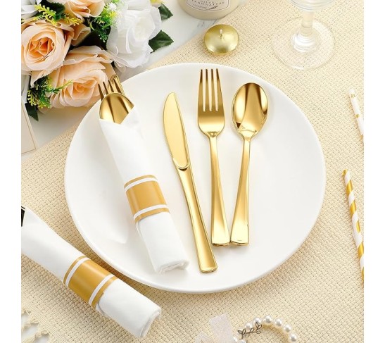 200 Pack Pre Rolled Gold Plastic Silverware Set, Disposable Wrapped Cutlery Set with 200 Napkins, 200 Forks, 200 Knives, 200 Spoons for 200 Guests Wedding Birthday Dinner Party Supplies (Gold)