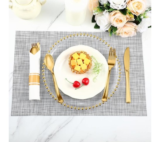 200 Pack Pre Rolled Gold Plastic Silverware Set, Disposable Wrapped Cutlery Set with 200 Napkins, 200 Forks, 200 Knives, 200 Spoons for 200 Guests Wedding Birthday Dinner Party Supplies (Gold)
