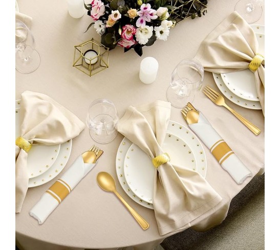 200 Pack Pre Rolled Gold Plastic Silverware Set, Disposable Wrapped Cutlery Set with 200 Napkins, 200 Forks, 200 Knives, 200 Spoons for 200 Guests Wedding Birthday Dinner Party Supplies (Gold)