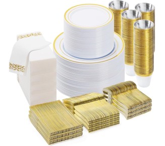 700 PCS Gold Dinnerware Set for 100 Guests, Plastic Dinnerware Set for Party, Include: 100 Gold Dinner Plates，100 Dessert Plates, 100 Gold Plastic Silverware Set, 100 Cups, 100 Paper Napkins