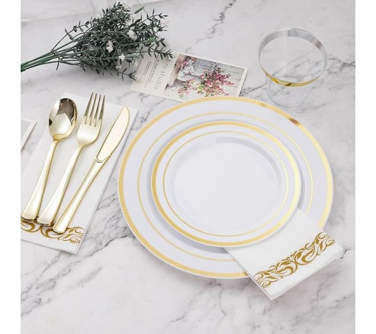 700 PCS Gold Dinnerware Set for 100 Guests, Plastic Dinnerware Set for Party, Include: 100 Gold Dinner Plates，100 Dessert Plates, 100 Gold Plastic Silverware Set, 100 Cups, 100 Paper Napkins