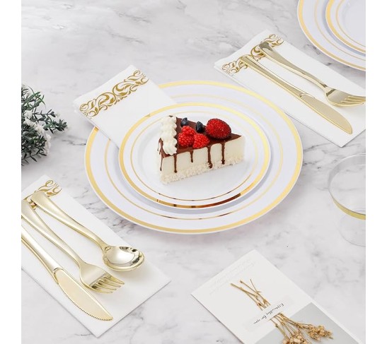700 PCS Gold Dinnerware Set for 100 Guests, Plastic Dinnerware Set for Party, Include: 100 Gold Dinner Plates，100 Dessert Plates, 100 Gold Plastic Silverware Set, 100 Cups, 100 Paper Napkins