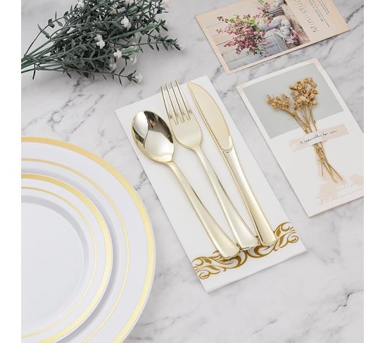 700 PCS Gold Dinnerware Set for 100 Guests, Plastic Dinnerware Set for Party, Include: 100 Gold Dinner Plates，100 Dessert Plates, 100 Gold Plastic Silverware Set, 100 Cups, 100 Paper Napkins