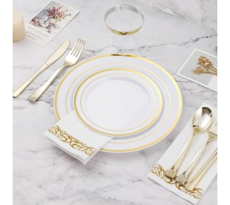 700 PCS Gold Dinnerware Set for 100 Guests, Plastic Dinnerware Set for Party, Include: 100 Gold Dinner Plates，100 Dessert Plates, 100 Gold Plastic Silverware Set, 100 Cups, 100 Paper Napkins