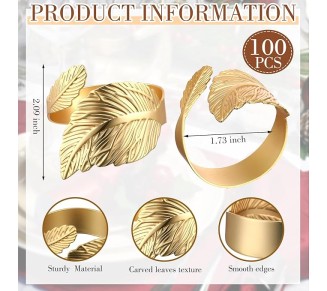 Gold Napkin Rings Set of 100 Wedding Golden Leaf Napkin Rings Metal Napkin Holders for Table Setting Holiday Christmas Thanksgiving Party Table Decorations