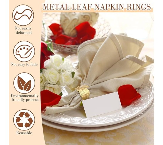 Gold Napkin Rings Set of 100 Wedding Golden Leaf Napkin Rings Metal Napkin Holders for Table Setting Holiday Christmas Thanksgiving Party Table Decorations
