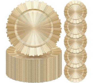 50 Pcs Gold Charger Plates Bulk 13 Inch Plastic Round Chargers Fluted Edge Dinner Plate Wedding Decoration for Table Setting Wedding Party Event Tabletop(Light Gold)