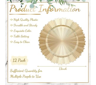 50 Pcs Gold Charger Plates Bulk 13 Inch Plastic Round Chargers Fluted Edge Dinner Plate Wedding Decoration for Table Setting Wedding Party Event Tabletop(Light Gold)