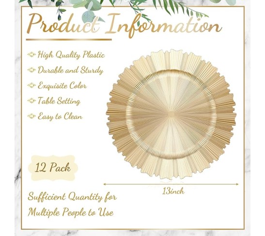 50 Pcs Gold Charger Plates Bulk 13 Inch Plastic Round Chargers Fluted Edge Dinner Plate Wedding Decoration for Table Setting Wedding Party Event Tabletop(Light Gold)