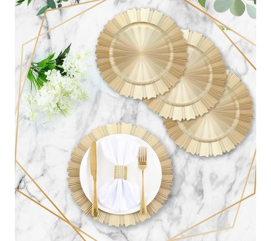 50 Pcs Gold Charger Plates Bulk 13 Inch Plastic Round Chargers Fluted Edge Dinner Plate Wedding Decoration for Table Setting Wedding Party Event Tabletop(Light Gold)