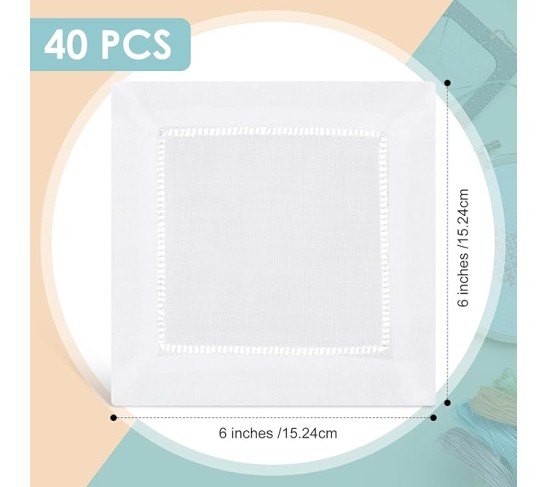 Set of 40 Cocktail Napkins 6 x 6 Inch Coffee Napkins Wine Napkins Cloth Cocktail Napkins Baptism Napkins Cloth Coasters DIY Napkin(White,Ramie)