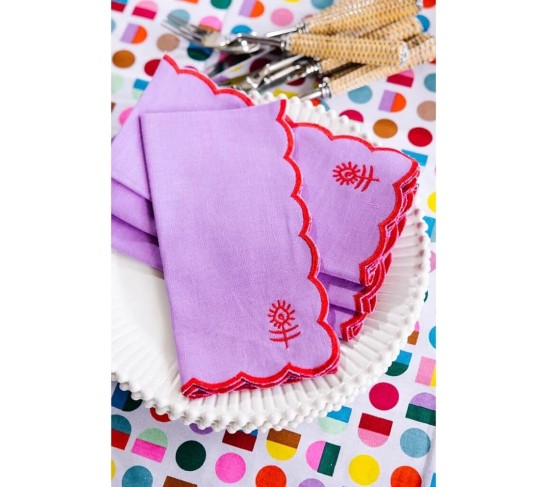 Icon Dinner Napkins - Scalloped Napkins for Dinner, Cocktail & Tea Party, Holiday & Wedding Table Decor, Handmade, 100% Sustainable Linen & Cotton, 18” x 18”, Set of 4 - Lilac & Cherry