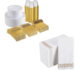 800 Piece Gold Disposable Dinnerware Set, Gold Rim Plastic Plates, 100 Dinner Plates 100 Dessert Plates, 100 Plastic Silverware Set, 100 Cups, 200 Gold Napkins