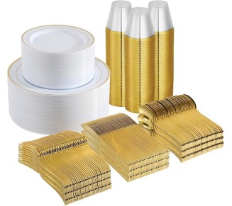 800 Piece Gold Disposable Dinnerware Set, Gold Rim Plastic Plates, 100 Dinner Plates 100 Dessert Plates, 100 Plastic Silverware Set, 100 Cups, 200 Gold Napkins