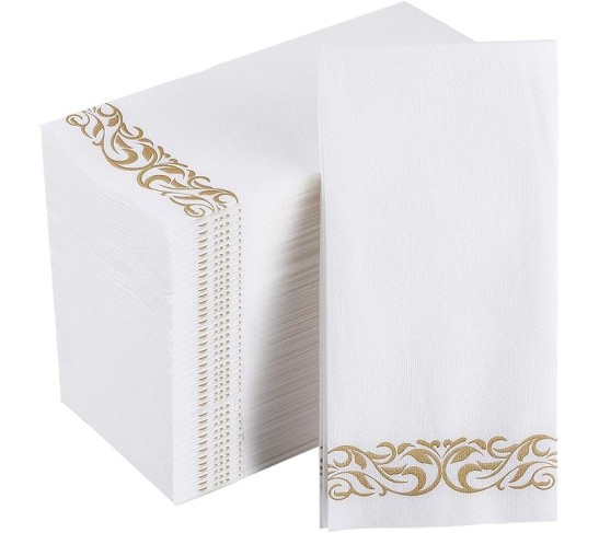 800 Piece Gold Disposable Dinnerware Set, Gold Rim Plastic Plates, 100 Dinner Plates 100 Dessert Plates, 100 Plastic Silverware Set, 100 Cups, 200 Gold Napkins