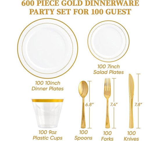 800 Piece Gold Disposable Dinnerware Set, Gold Rim Plastic Plates, 100 Dinner Plates 100 Dessert Plates, 100 Plastic Silverware Set, 100 Cups, 200 Gold Napkins