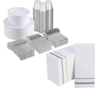 800 Piece Silver Rim Design Dinnerware Set, Includes 100 Dinner Plates, 100 Dessert Plates, 100 Plastic Silverware, 100 Cups, 200 Napkins