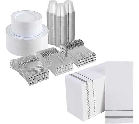 800 Piece Silver Rim Design Dinnerware Set, Includes 100 Dinner Plates, 100 Dessert Plates, 100 Plastic Silverware, 100 Cups, 200 Napkins