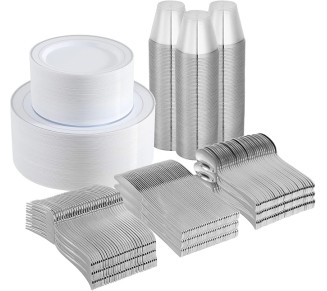 800 Piece Silver Rim Design Dinnerware Set, Includes 100 Dinner Plates, 100 Dessert Plates, 100 Plastic Silverware, 100 Cups, 200 Napkins