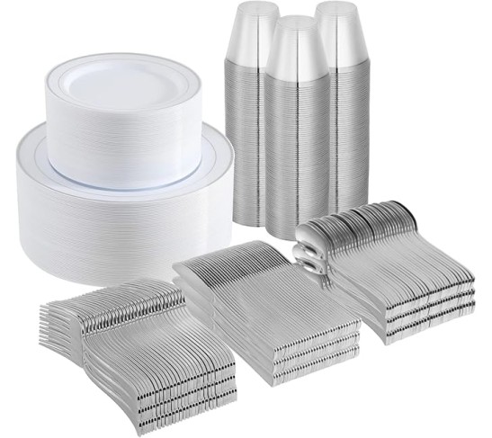800 Piece Silver Rim Design Dinnerware Set, Includes 100 Dinner Plates, 100 Dessert Plates, 100 Plastic Silverware, 100 Cups, 200 Napkins