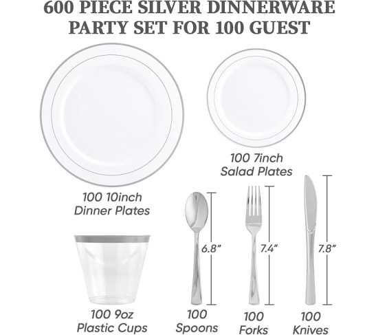 800 Piece Silver Rim Design Dinnerware Set, Includes 100 Dinner Plates, 100 Dessert Plates, 100 Plastic Silverware, 100 Cups, 200 Napkins