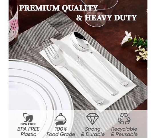 800 Piece Silver Rim Design Dinnerware Set, Includes 100 Dinner Plates, 100 Dessert Plates, 100 Plastic Silverware, 100 Cups, 200 Napkins