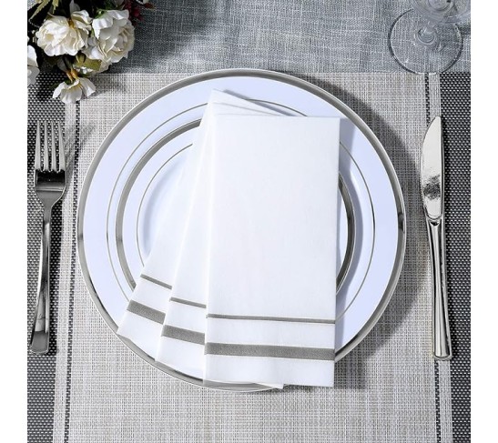 800 Piece Silver Rim Design Dinnerware Set, Includes 100 Dinner Plates, 100 Dessert Plates, 100 Plastic Silverware, 100 Cups, 200 Napkins