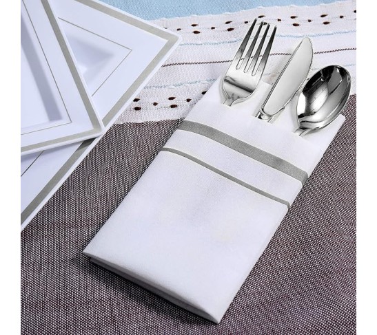 800 Piece Silver Rim Design Dinnerware Set, Includes 100 Dinner Plates, 100 Dessert Plates, 100 Plastic Silverware, 100 Cups, 200 Napkins