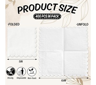 400Pcs Scalloped Paper Napkins White Beverage Cocktail Napkins Thick Disposable Luncheon Napkins for Table Decoration Wedding Birthday Baby Shower Holiday Party Supplies, 5 x 5 Inch