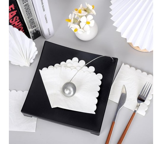 400Pcs Scalloped Paper Napkins White Beverage Cocktail Napkins Thick Disposable Luncheon Napkins for Table Decoration Wedding Birthday Baby Shower Holiday Party Supplies, 5 x 5 Inch