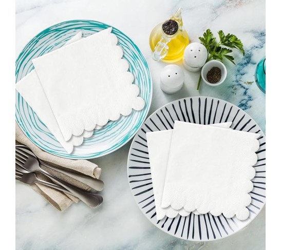 400Pcs Scalloped Paper Napkins White Beverage Cocktail Napkins Thick Disposable Luncheon Napkins for Table Decoration Wedding Birthday Baby Shower Holiday Party Supplies, 5 x 5 Inch