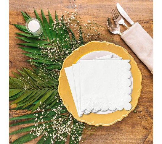 400Pcs Scalloped Paper Napkins White Beverage Cocktail Napkins Thick Disposable Luncheon Napkins for Table Decoration Wedding Birthday Baby Shower Holiday Party Supplies, 5 x 5 Inch