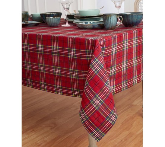 Tablecloth 60 x 132 Inch - 100% Pure Linen Red Classic Tartan Plaid Tablecloth - Handcrafted and Machine Washable Fabric Table Cover for Indoor, Outdoor