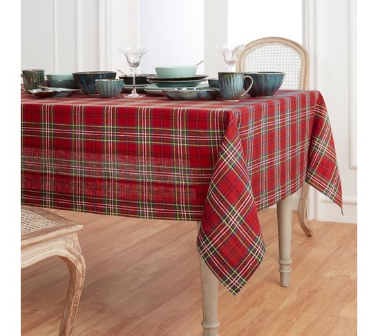 Tablecloth 60 x 132 Inch - 100% Pure Linen Red Classic Tartan Plaid Tablecloth - Handcrafted and Machine Washable Fabric Table Cover for Indoor, Outdoor
