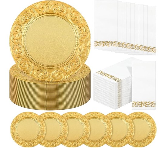 50 Set (100 Pcs) Gold Charger Plates Set 50 Pcs 13 Inch Plastic Round Charger Plate Bulk with 50 Disposable Napkins for Dinner Wedding Party Event Table Setting Decoration