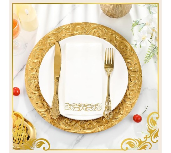 50 Set (100 Pcs) Gold Charger Plates Set 50 Pcs 13 Inch Plastic Round Charger Plate Bulk with 50 Disposable Napkins for Dinner Wedding Party Event Table Setting Decoration