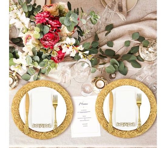 50 Set (100 Pcs) Gold Charger Plates Set 50 Pcs 13 Inch Plastic Round Charger Plate Bulk with 50 Disposable Napkins for Dinner Wedding Party Event Table Setting Decoration