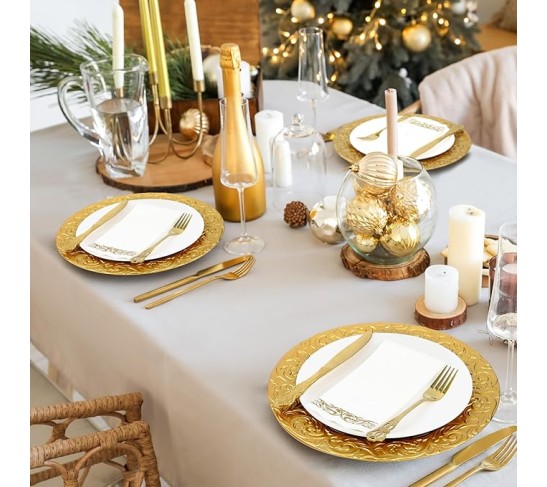 50 Set (100 Pcs) Gold Charger Plates Set 50 Pcs 13 Inch Plastic Round Charger Plate Bulk with 50 Disposable Napkins for Dinner Wedding Party Event Table Setting Decoration
