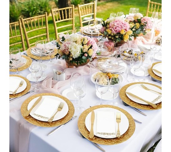 50 Set (100 Pcs) Gold Charger Plates Set 50 Pcs 13 Inch Plastic Round Charger Plate Bulk with 50 Disposable Napkins for Dinner Wedding Party Event Table Setting Decoration