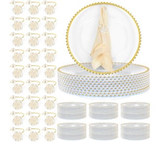 50 Set Clear Charger Plates Bulk Beaded Charger Plates and Napkin Rings 13 Inch Plastic Round Plates for Dinner Wedding Party Event Table Decoration(Gold)