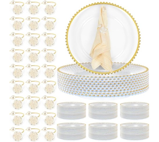 50 Set Clear Charger Plates Bulk Beaded Charger Plates and Napkin Rings 13 Inch Plastic Round Plates for Dinner Wedding Party Event Table Decoration(Gold)