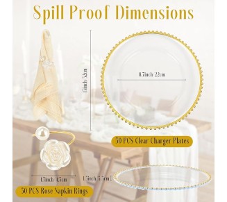 50 Set Clear Charger Plates Bulk Beaded Charger Plates and Napkin Rings 13 Inch Plastic Round Plates for Dinner Wedding Party Event Table Decoration(Gold)