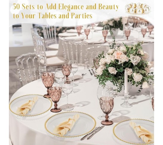 50 Set Clear Charger Plates Bulk Beaded Charger Plates and Napkin Rings 13 Inch Plastic Round Plates for Dinner Wedding Party Event Table Decoration(Gold)