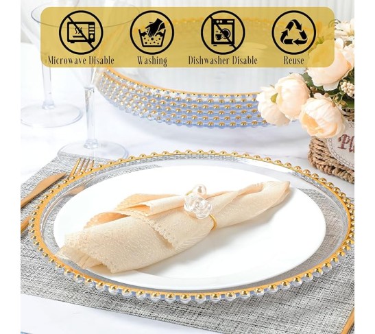 50 Set Clear Charger Plates Bulk Beaded Charger Plates and Napkin Rings 13 Inch Plastic Round Plates for Dinner Wedding Party Event Table Decoration(Gold)