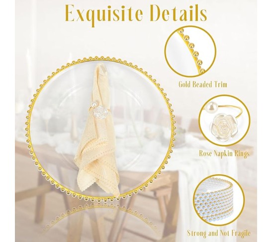 50 Set Clear Charger Plates Bulk Beaded Charger Plates and Napkin Rings 13 Inch Plastic Round Plates for Dinner Wedding Party Event Table Decoration(Gold)