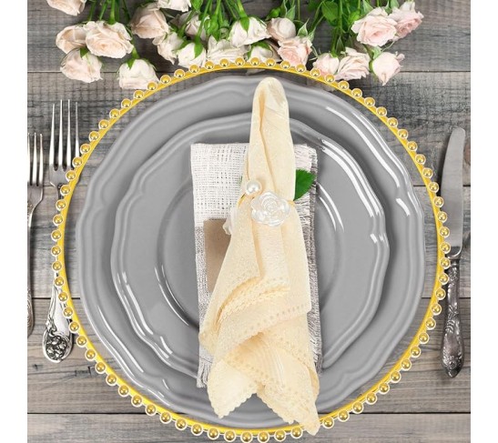 50 Set Clear Charger Plates Bulk Beaded Charger Plates and Napkin Rings 13 Inch Plastic Round Plates for Dinner Wedding Party Event Table Decoration(Gold)