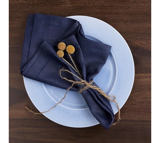 Linen Dinner Napkins 20 x 20 Inch - 100% Pure Linen Navy Blue Napkins, Total 12 Napkins - 2 Boxes with 6 Napkins in Each Box - Classic Hemstitch - Washable Navy Blue Cloth Napkins